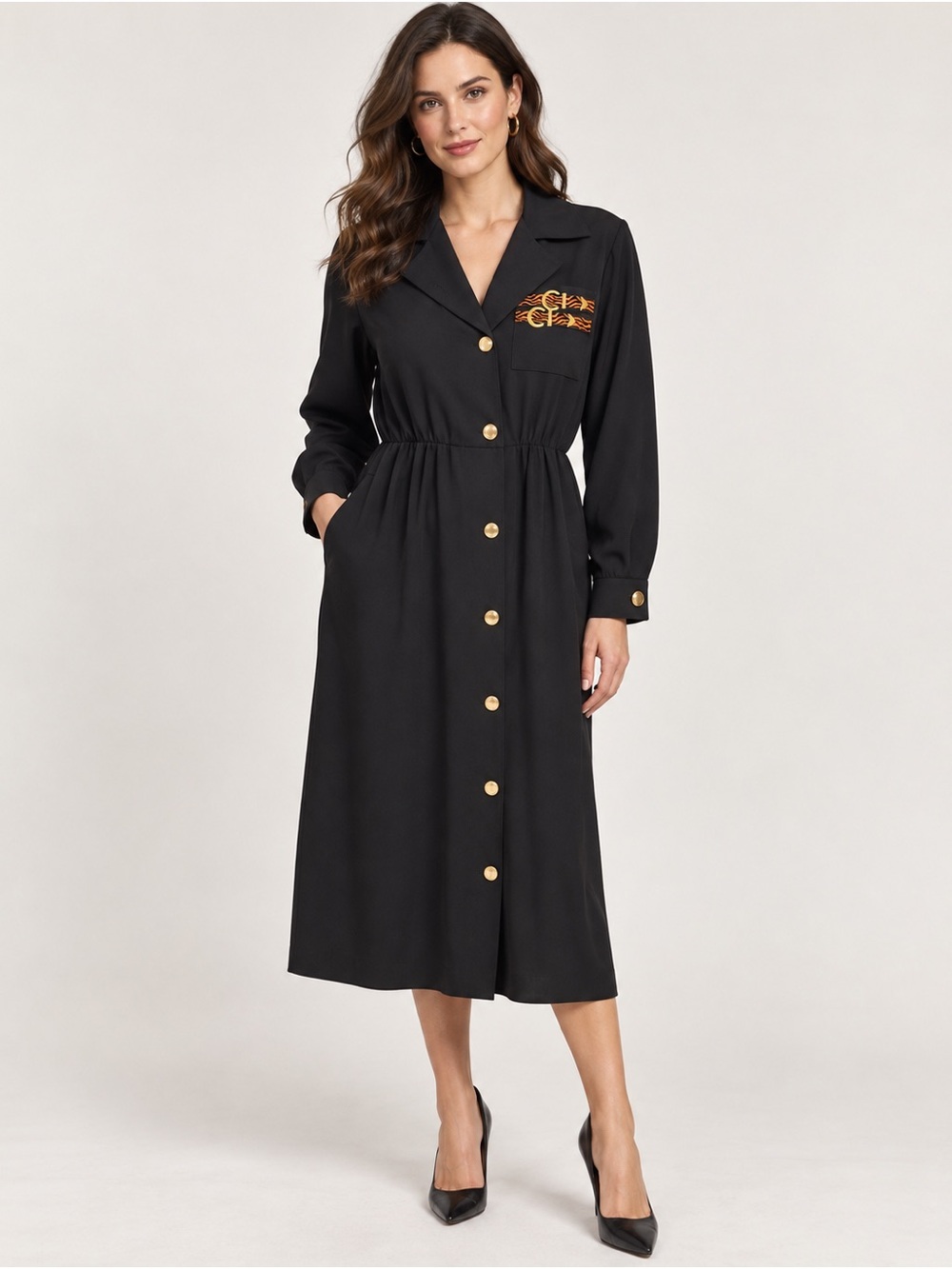 Vintage Caron Chicago Black Midi Dress Gold Buttons Embroidered Made in USA
